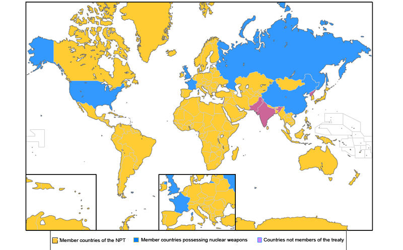 Map with the member countries of the NPT possessing nuclear weapons