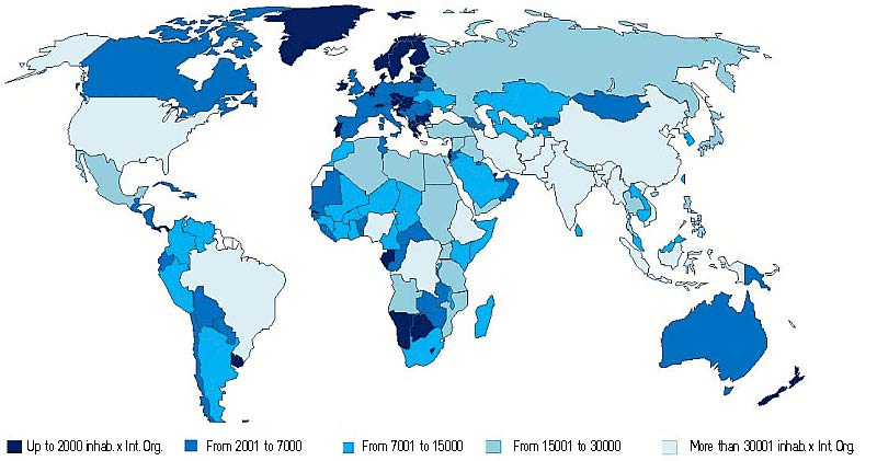 Map with country level of participation in international organisations